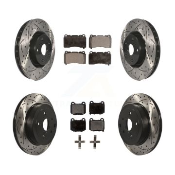Front Rear Coated Drill Slot Disc Brake Rotors Ceramic Pad Kit For Subaru Impreza WRX STI KDT-100292