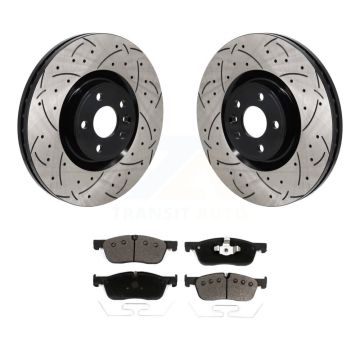Front Coated Drilled Slotted Disc Brake Rotor Ceramic Pad Kit For 2018 Jaguar E-Pace Base KDT-101323