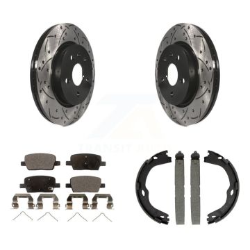 Rear Disc Drilled & Slotted Rotors Ceramic Pads Parking Shoes Kit For Chevrolet Camaro KDT-101447