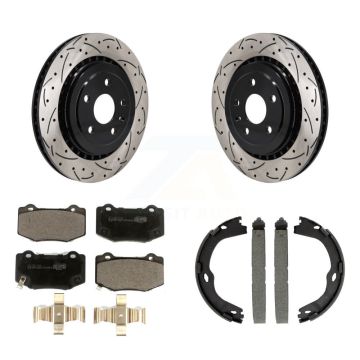 Rear Disc Drilled & Slotted Rotors Ceramic Pads Parking Shoes Kit For Chevrolet Camaro KDT-101448
