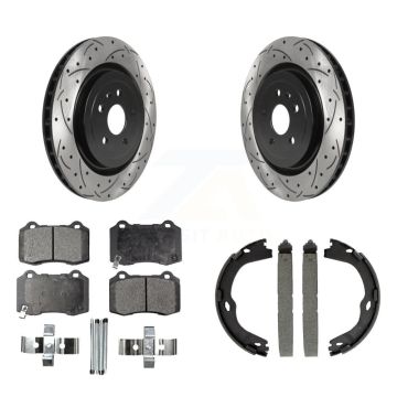 Rear Disc Drilled & Slotted Rotors Ceramic Pads Parking Shoes Kit For Chevrolet Camaro KDT-101449