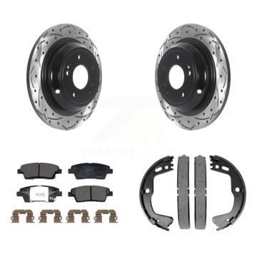 Rear Disc Drilled & Slotted Rotors Ceramic Pads Parking Brake Shoes Kit For Genesis G80 KDT-101460
