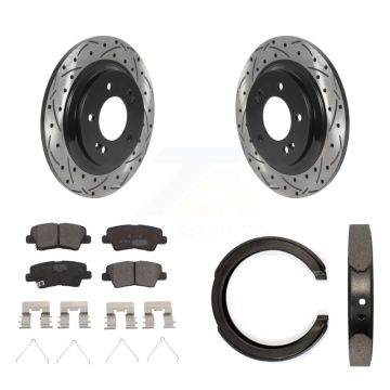 Rear Disc Drilled & Slotted Rotors Ceramic Pads Parking Brake Shoes Kit For Kia Optima KDT-101467