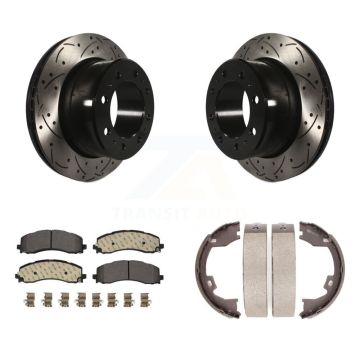 Rear Disc Drilled & Slotted Rotors Ceramic Pads Parking Brake Shoes Kit For Ram 2500 3500 KDT-101472