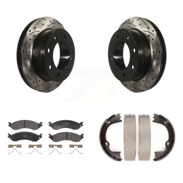 Rear Disc Drilled & Slotted Rotors Ceramic Pads Parking Shoes Kit For GMC Chevrolet 2500 KDT-101475