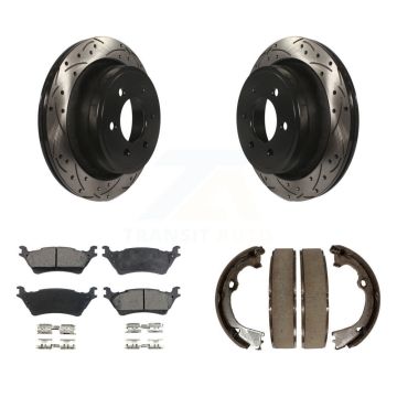 Rear Disc Drilled & Slotted Rotors Ceramic Pads Parking Brake Shoes Kit For Ford F-150 KDT-101490