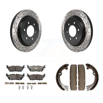 Rear Disc Drilled & Slotted Rotors Ceramic Pads Parking Brake Shoes Kit For Ford F-150 KDT-101491