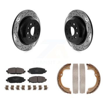 Rear Disc Drilled & Slotted Rotors Ceramic Pads Parking Brake Shoes Kit For Jeep Wrangler KDT-101495