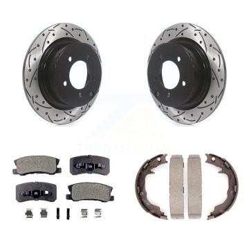 Rear Disc Drilled & Slotted Rotors Ceramic Pads Parking Shoes Kit For Jeep Mitsubishi 200 KDT-101498