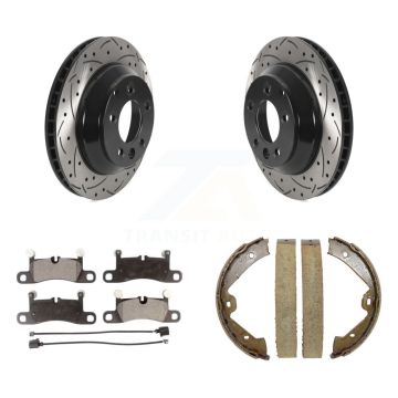 Rear Disc Drilled & Slotted Rotors Ceramic Pads Parking Shoes Kit For Volkswagen Touareg KDT-101514
