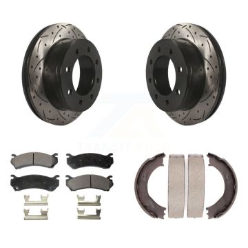 Rear Disc Drilled & Slotted Rotors Ceramic Pads Parking Shoes Kit For Chevrolet GMC 2500 KDT-101518