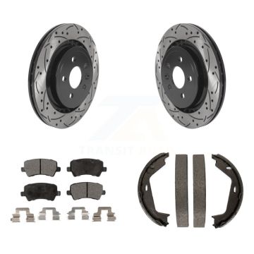 Rear Disc Drilled & Slotted Rotors Ceramic Pads Parking Shoes Kit For 07-09 Volvo S80 AWD KDT-101541