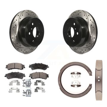 Rear Disc Drilled & Slotted Rotors Ceramic Pads And Parking Brake Shoes Kit For KDT-101544