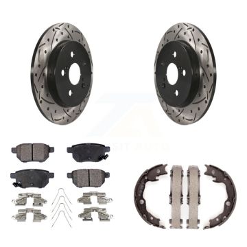 Rear Disc Drilled & Slotted Rotors Ceramic Pads Parking Shoes Kit For Toyota Matrix Vibe KDT-101547