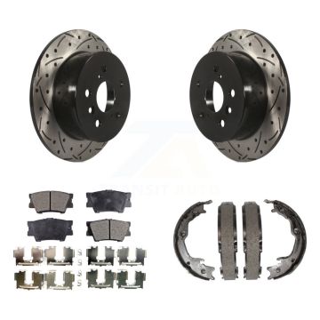 Rear Disc Drilled & Slotted Rotors Ceramic Pads Parking Shoes Kit For Toyota Camry Lexus KDT-101549