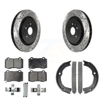Rear Disc Drilled & Slotted Rotors Ceramic Pads Parking Shoes Kit For Chevrolet Camaro KDT-101553