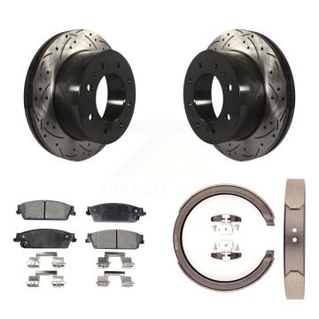 Rear Disc Drilled & Slotted Rotors Ceramic Pads And Parking Brake Shoes Kit For KDT-101556
