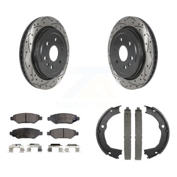 Rear Disc Drilled & Slotted Rotors Ceramic Pads Parking Shoes Kit For 10-16 Cadillac SRX KDT-101557