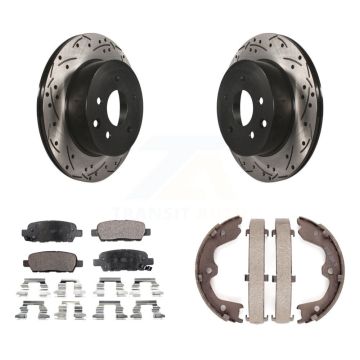 Rear Disc Drilled & Slotted Rotors Ceramic Pads Parking Brake Shoes Kit For INFINITI G35 KDT-101582