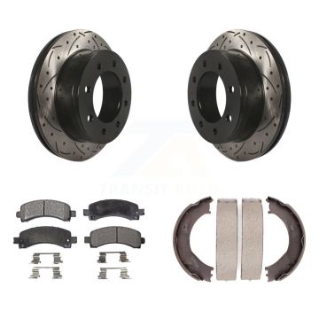 Rear Disc Drilled & Slotted Rotors Ceramic Pads Parking Shoes Kit For Chevrolet GMC 3500 KDT-101615