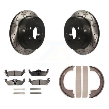Rear Disc Drilled & Slotted Rotors Ceramic Pads Parking Shoes Kit For Ford F-150 Lincoln KDT-101634