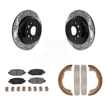 Rear Disc Drilled & Slotted Rotors Ceramic Pads Parking Shoes Kit For Jeep Wrangler Sport KDT-101639