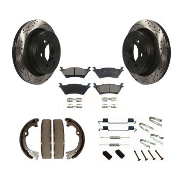Rear Disc Drilled & Slotted Rotors Ceramic Pads Parking Shoes Hardware Kit For Ford F-150 KDT-101644