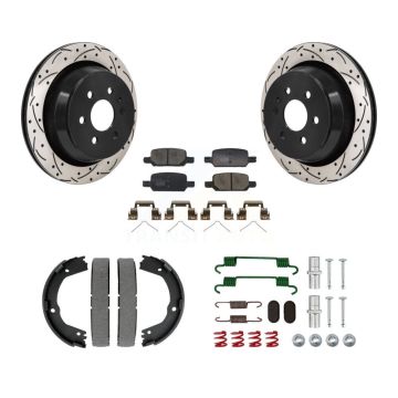 Rear Disc Drilled & Slotted Rotors Ceramic Pads Parking Shoes Hardware Kit For Chevrolet KDT-101648