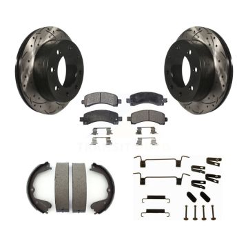 Rear Disc Drilled & Slotted Rotors Ceramic Pads Parking Brake Shoes And Hardware Kit For KDT-101663