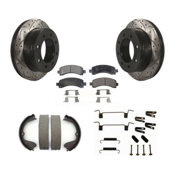 Rear Disc Drilled & Slotted Rotors Ceramic Pads Parking Brake Shoes And Hardware Kit For KDT-101664