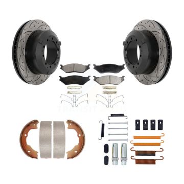 Rear Disc Drilled & Slotted Rotors Ceramic Pads Parking Shoes Hardware Kit For Ford F-450 KDT-101670