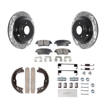 Rear Disc Drilled & Slotted Rotors Ceramic Pads Parking Brake Shoes And Hardware Kit For KDT-101674