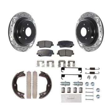 Rear Disc Drilled & Slotted Rotors Ceramic Pads Parking Brake Shoes And Hardware Kit For KDT-101675
