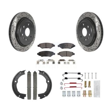 Rear Disc Drilled & Slotted Rotors Ceramic Pads Parking Brake Shoes And Hardware Kit For KDT-101687