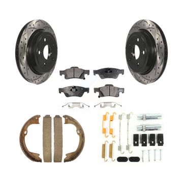 Rear Disc Drilled & Slotted Rotors Ceramic Pads Parking Shoes Hardware Kit For Jeep Grand KDT-101689