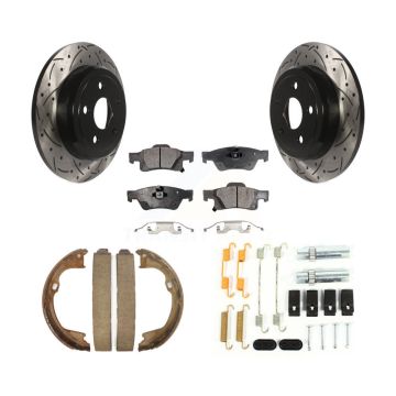 Rear Disc Drilled & Slotted Rotors Ceramic Pads Parking Shoes Hardware Kit For Dodge Jeep KDT-101690