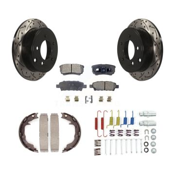 Rear Disc Drilled & Slotted Rotors Ceramic Pads Parking Brake Shoes And Hardware Kit For KDT-101716