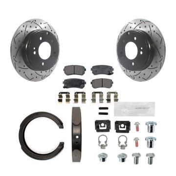 Rear Disc Drilled & Slotted Rotors Ceramic Pads Parking Shoes Hardware Kit For Hyundai KDT-101725