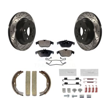 Rear Disc Drilled & Slotted Rotors Ceramic Pads Parking Brake Shoes And Hardware Kit For KDT-101728