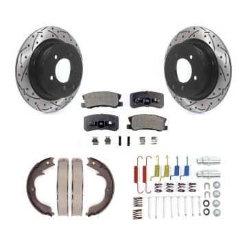 Rear Disc Drilled & Slotted Rotors Ceramic Pads Parking Brake Shoes And Hardware Kit For KDT-101730