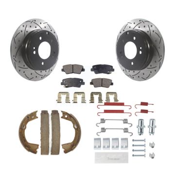 Rear Disc Drilled & Slotted Rotors Ceramic Pads Parking Shoes Hardware Kit For Hyundai KDT-101735