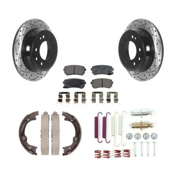 Rear Disc Drilled & Slotted Rotors Ceramic Pads Parking Brake Shoes And Hardware Kit For KDT-101741