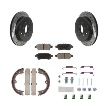 Rear Disc Drilled & Slotted Rotors Ceramic Pads Parking Brake Shoes And Hardware Kit For KDT-101755