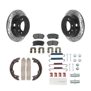 Rear Disc Drilled & Slotted Rotors Ceramic Pads Parking Brake Shoes And Hardware Kit For KDT-101762