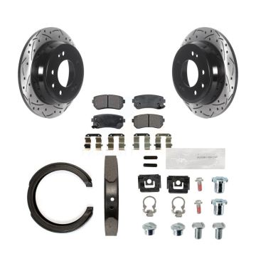 Rear Disc Drilled & Slotted Rotors Ceramic Pads Parking Brake Shoes And Hardware Kit For KDT-101764