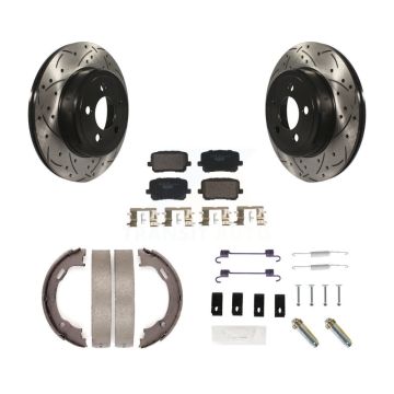 Rear Disc Drilled & Slotted Rotors Ceramic Pads Parking Brake Shoes And Hardware Kit For KDT-101765
