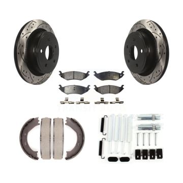 Rear Disc Drilled & Slotted Rotors Ceramic Pads Parking Brake Shoes And Hardware Kit For KDT-101772