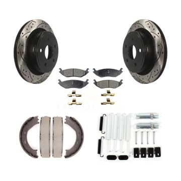 Rear Disc Drilled & Slotted Rotors Ceramic Pads Parking Shoes Hardware Kit For Dodge Ram KDT-101773