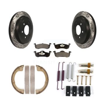 Rear Disc Drilled & Slotted Rotors Ceramic Pads Parking Brake Shoes Hardware Kit For Ford KDT-101775