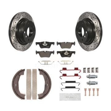Rear Disc Drilled & Slotted Rotors Ceramic Pads Parking Shoes Hardware Kit For BMW 230i KDT-101779